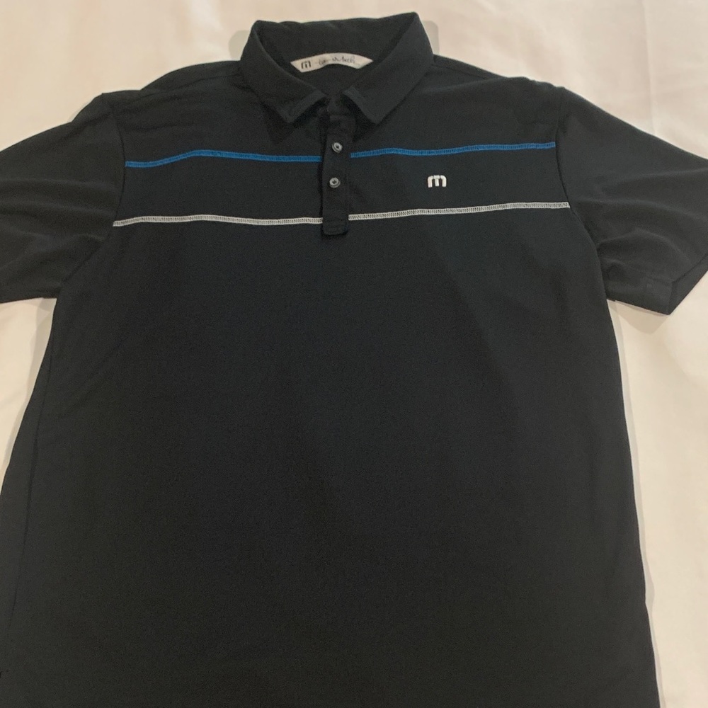 Travis Mathew Black Polo with Blue and Gray Stripes